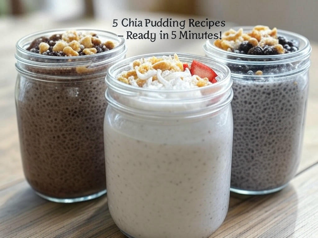 Creamy chia seed pudding in jars with fresh berries, coconut flakes, and chocolate drizzle – easy overnight breakfast recipes.