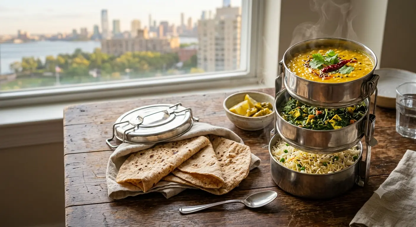 Best veg tiffin service in Jersey City – premium homemade Indian vegetarian tiffin box with dal, sabzi, roti and rice