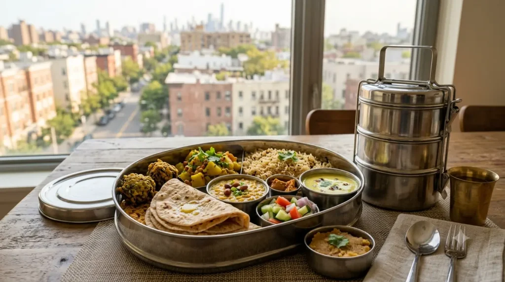 Gujarati homemade tiffin meal with rotli sabzi dal and rice