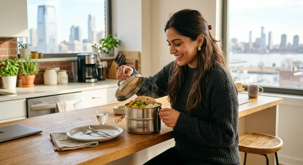 Happy customer receiving veg tiffin service in Jersey City at home – homemade Indian meal delivery
